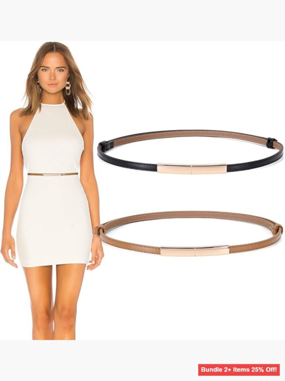 Genuine Leather Skinny Belt 2 Pack Adjustable Waist Belt for Dresses
